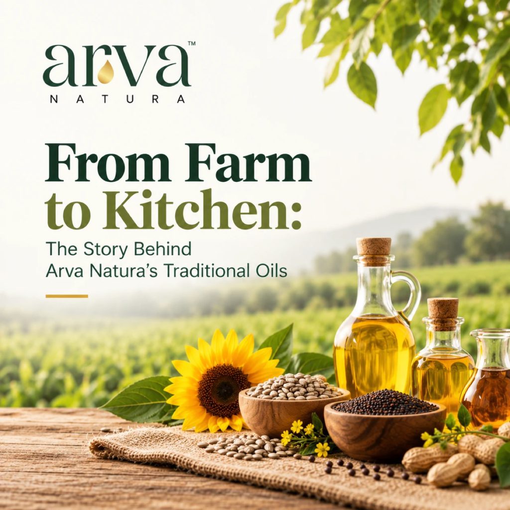 Arva Natura oils, seeds and a sunflower on a wooden table before a field