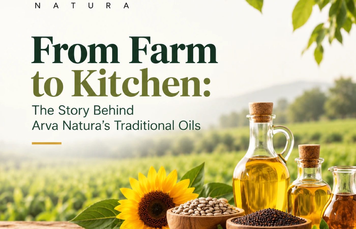 Arva Natura oils, seeds and a sunflower on a wooden table before a field