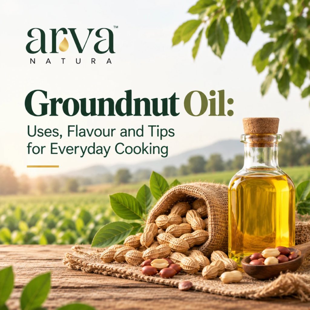 A bottle of groundnut oil beside a sack of peanuts on a wooden table