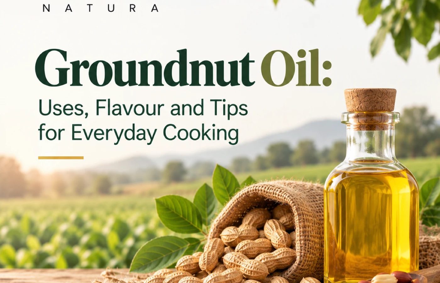 A bottle of groundnut oil beside a sack of peanuts on a wooden table