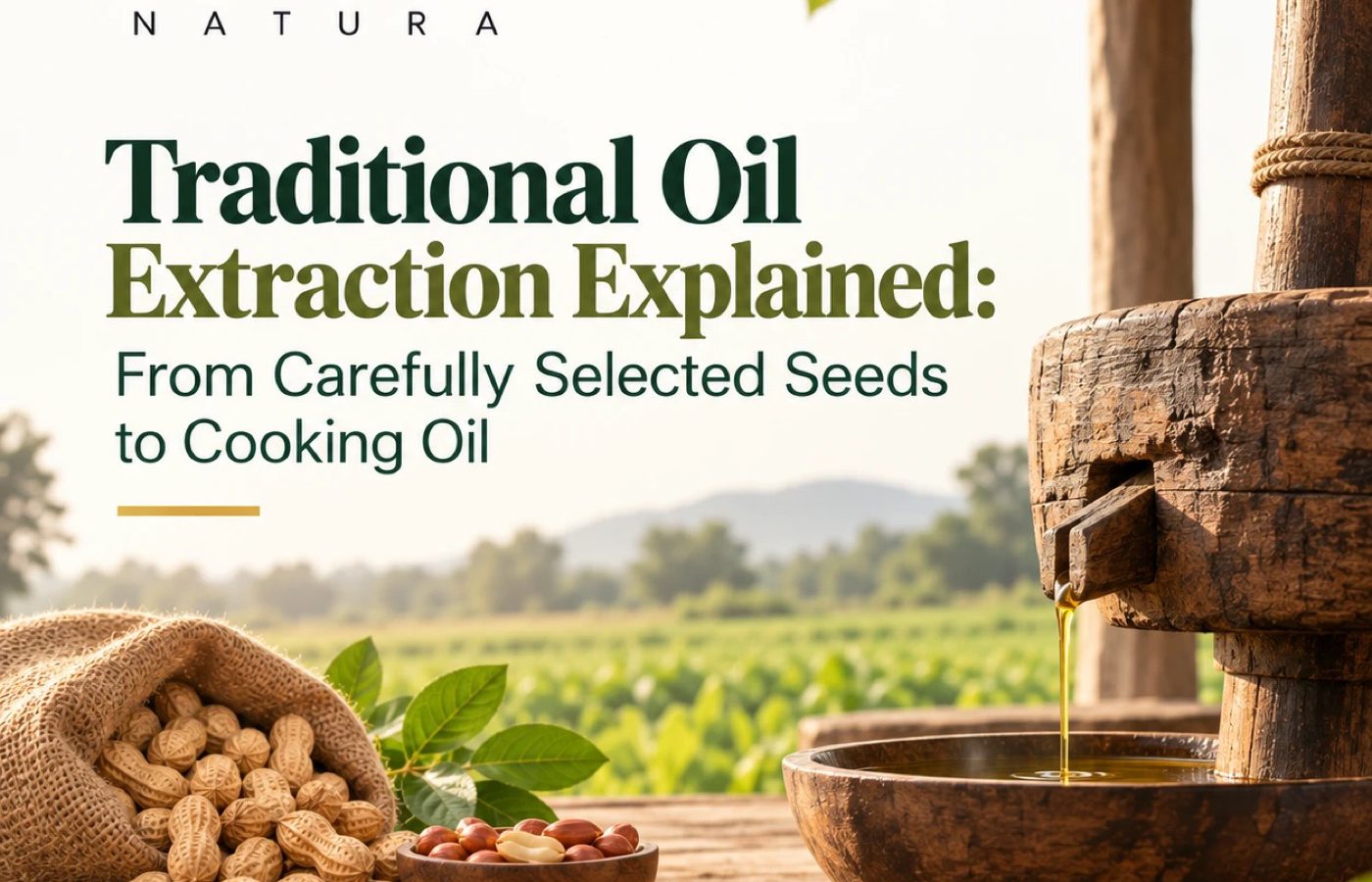 Oil running from a traditional wooden press into a bowl beside groundnuts