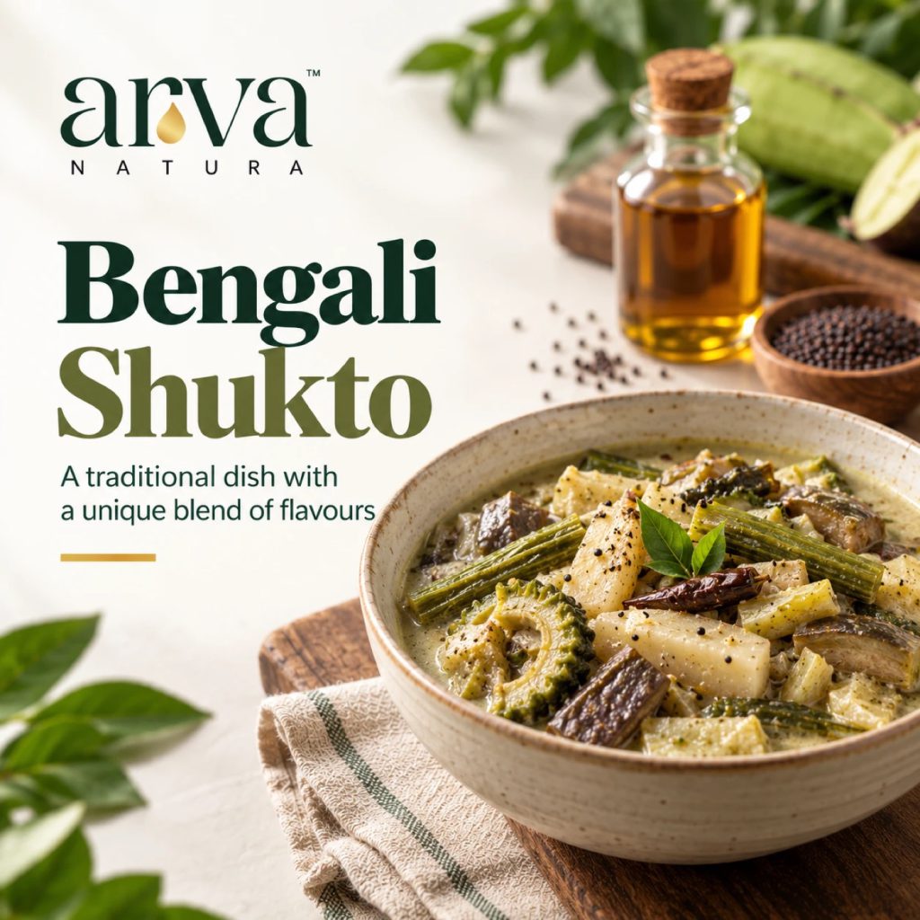 A bowl of Bengali shukto beside black mustard oil and mustard seeds