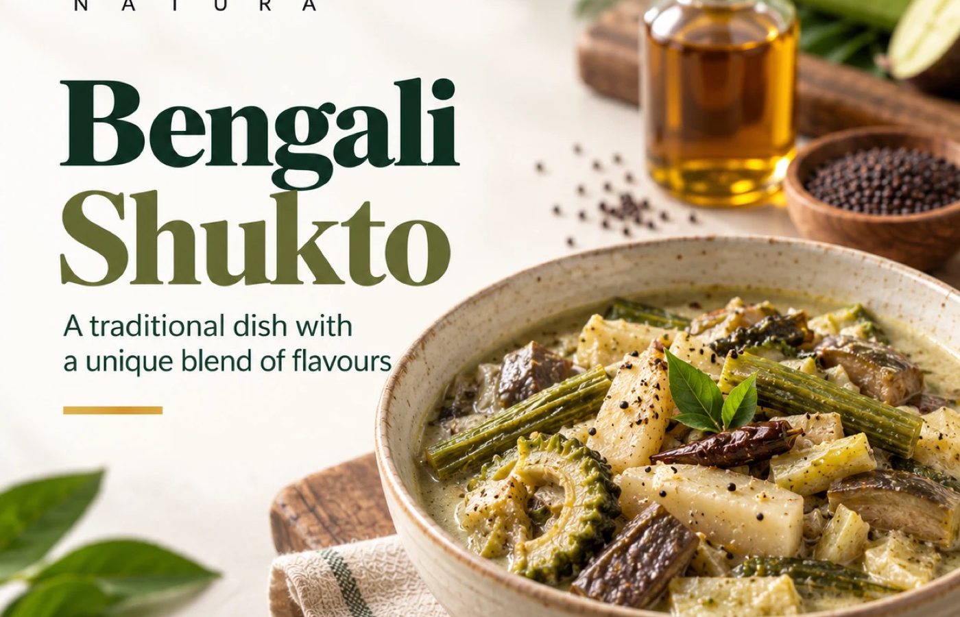 A bowl of Bengali shukto beside black mustard oil and mustard seeds