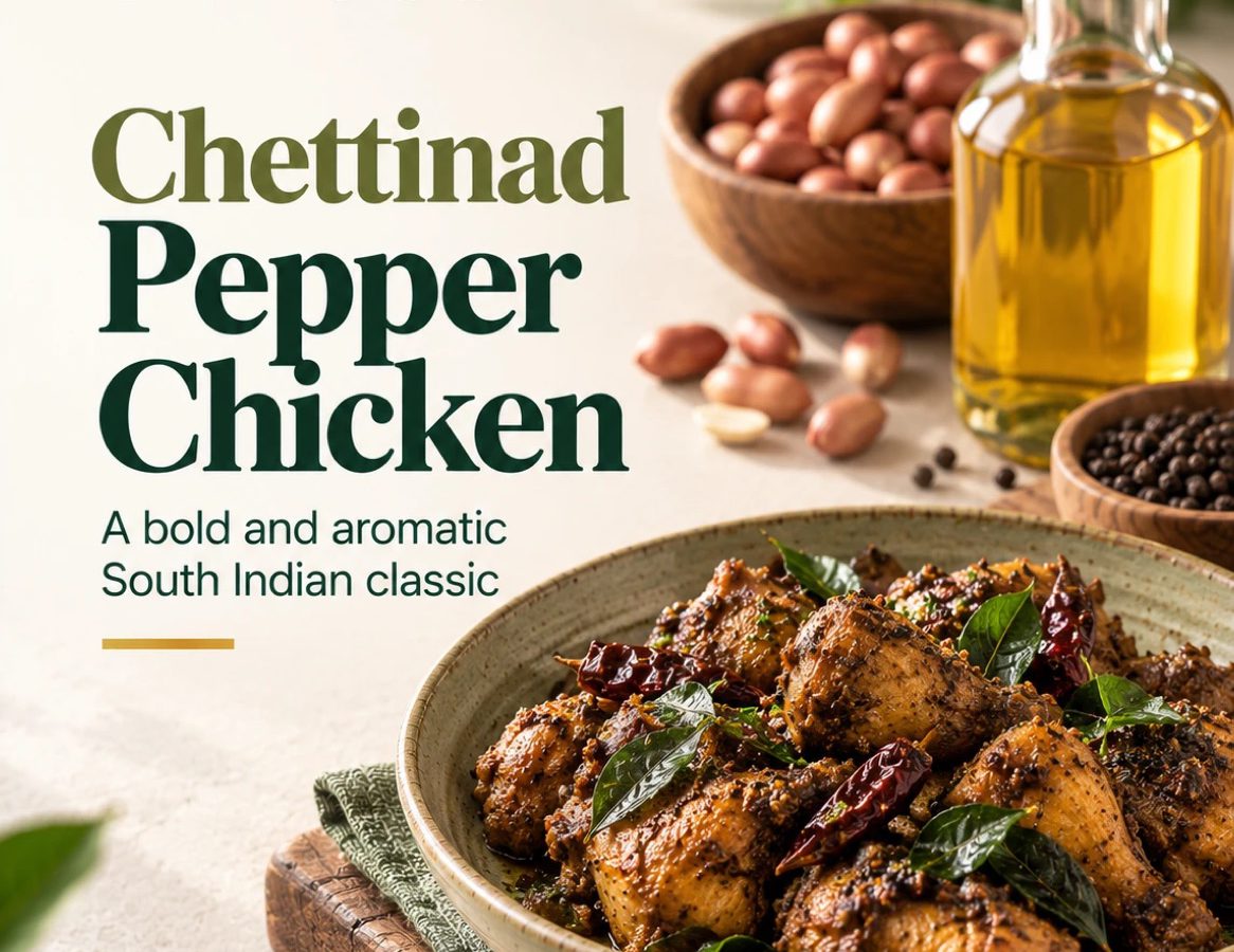 Chettinad pepper chicken in a bowl beside groundnut oil, peanuts and black peppercorns