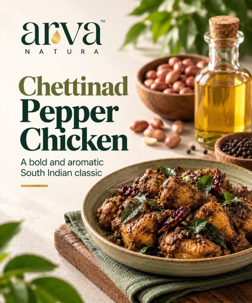 Chettinad pepper chicken in a bowl beside groundnut oil, peanuts and black peppercorns