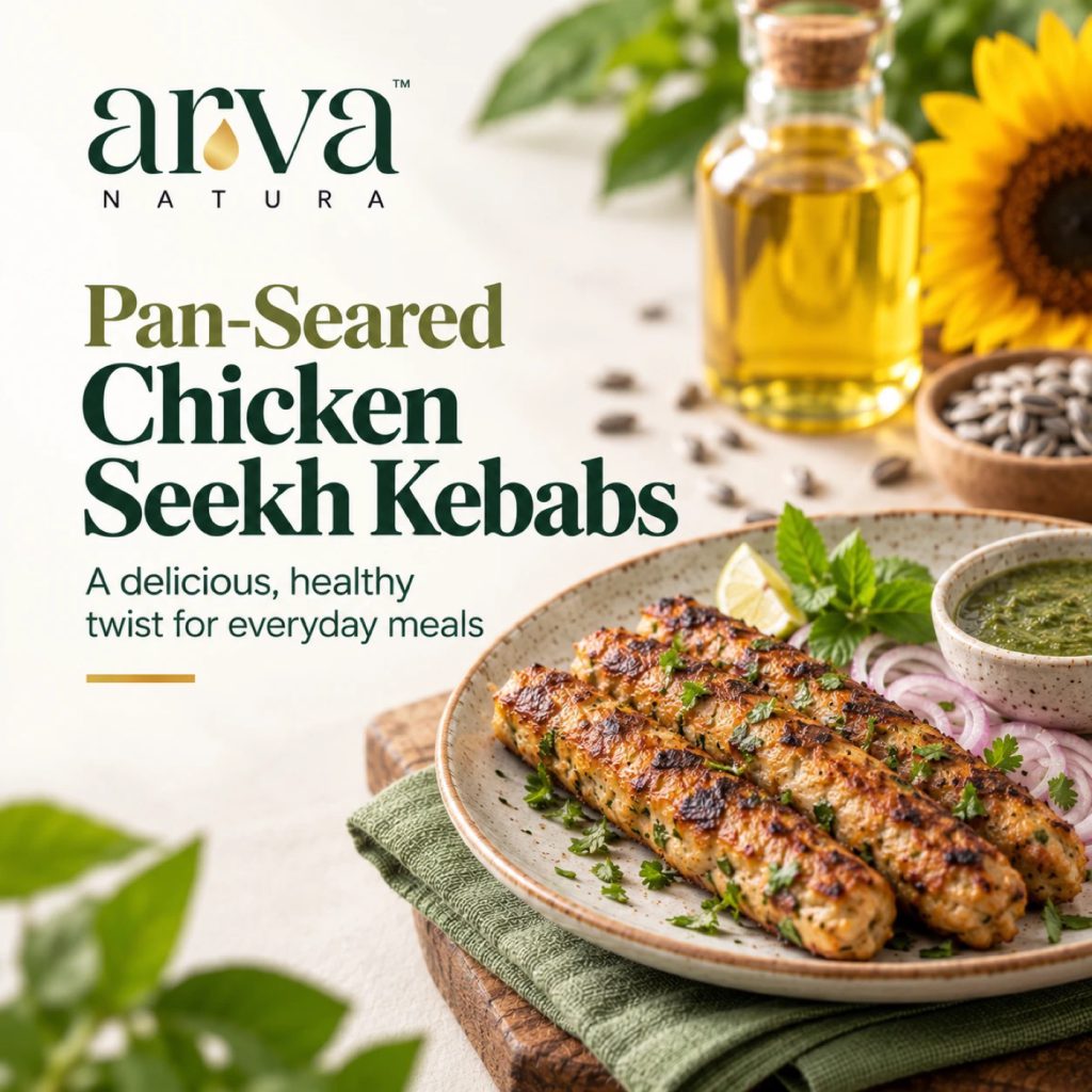 Chicken seekh kebabs with mint chutney beside sunflower oil and a sunflower
