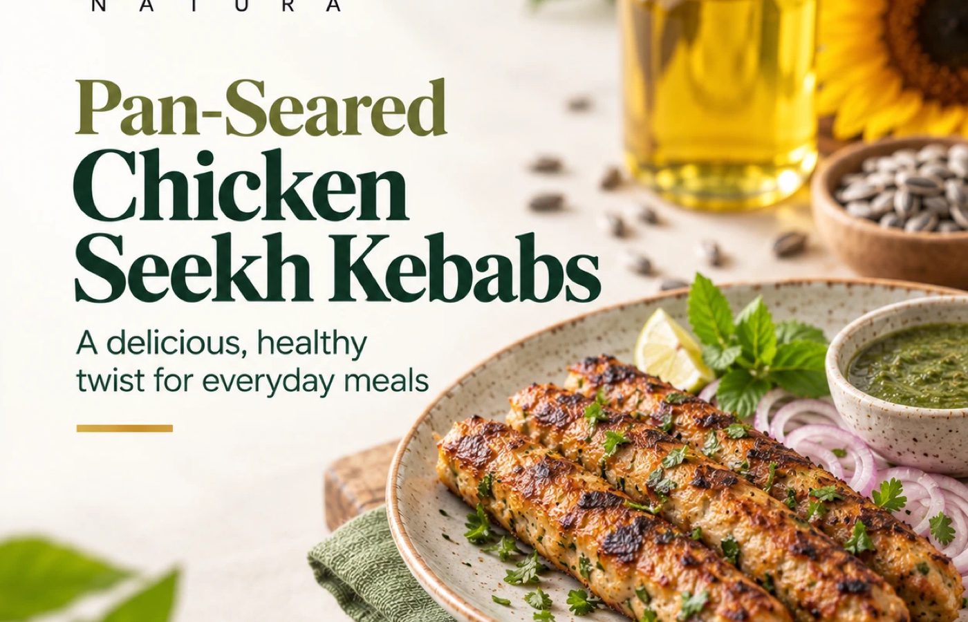Chicken seekh kebabs with mint chutney beside sunflower oil and a sunflower